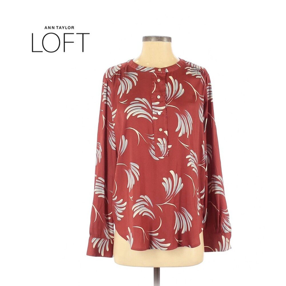 LOFT Henley Blouse Floral Silk Satin Top Size Medium